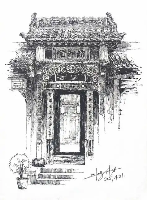 院大门1 古建筑钢笔速写