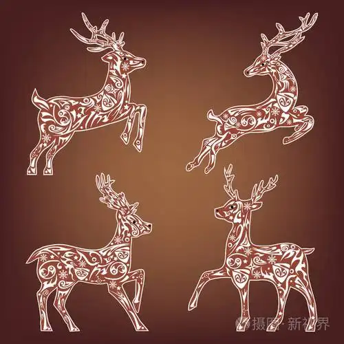 雪花图案和线条画圣诞贴鹿用角矢量插图野生森林野兽贺卡设计节日纹身