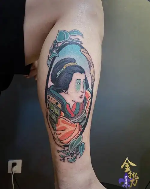 日式和风艺伎纹身图片腿部老传统oldschool纹身图案