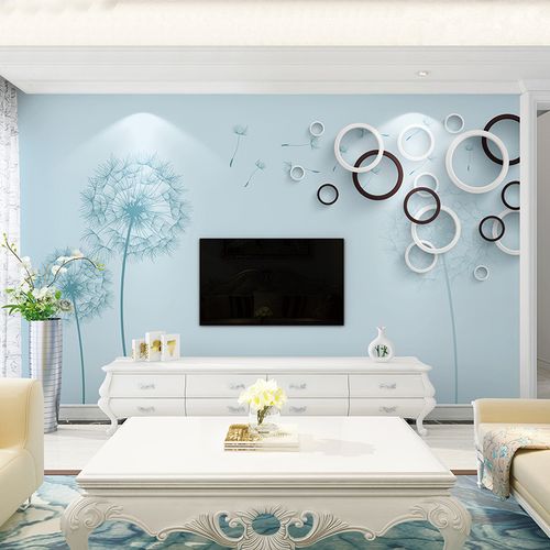 现代简约蒲公英壁画8d电视背景墙壁纸方形竖版影视墙两边18d壁布