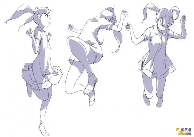 小清新美女的不同跳跃性动作细节插画素材角度不同的跳跃动作教程