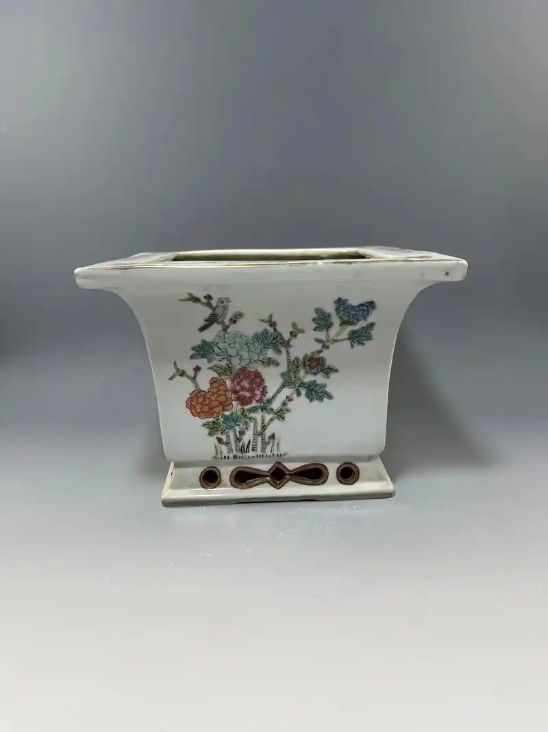 民国洪宪彩四方花鸟花盆