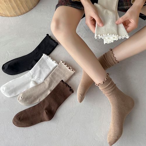 堆堆袜女搭配小皮鞋袜子外穿纯棉春秋棕色中筒花边木耳边乐福鞋潮