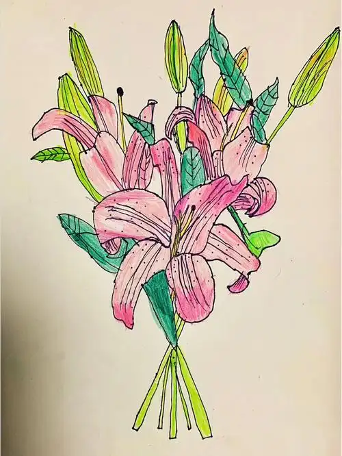 创意美术儿童画速写百合花三年级89岁