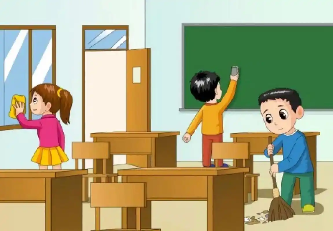 看图写话 打扫卫生 星期五下午放学后,轮到小丽他们组打扫教室了.