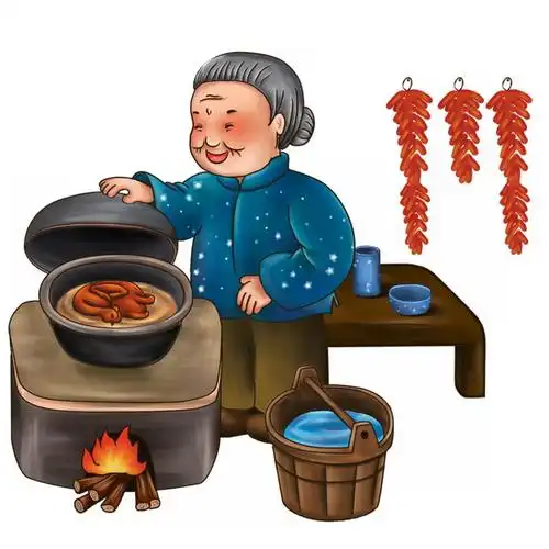 卡通奶奶正在土灶上做烧鹅807289png图片素材