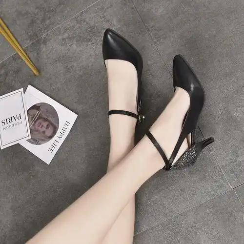 新款女2019春季百搭一字扣职业尖头高跟女鞋单鞋细跟凉鞋韩版夏季