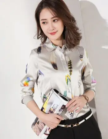 2018秋装新款重磅真丝衬衫女长袖大码宽松桑蚕丝衬衣印花丝绸上衣
