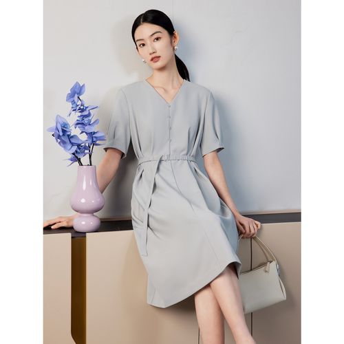 jz玖姿短袖长款连衣裙女装夏季通勤收腰a摆裙子