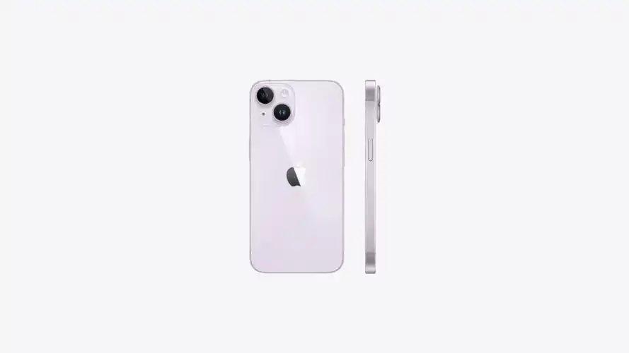 紫色 iphone 14 的背面和侧面视图.