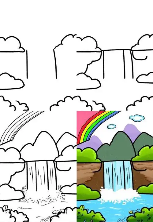 🌊黄果山瀑布简笔画来啦!🎨