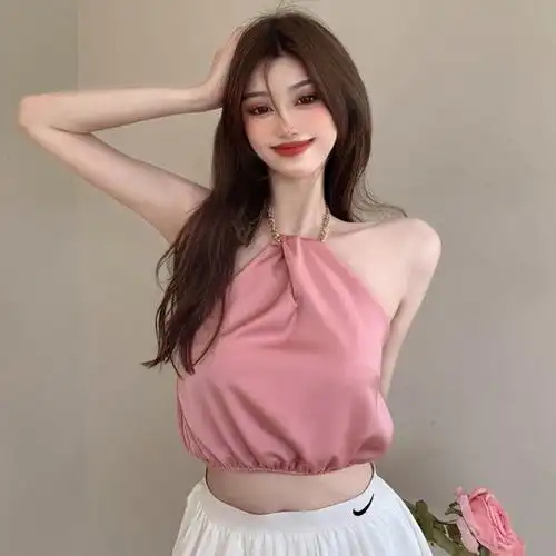 温柔粉色链条挂脖扭结露肩吊带背心外穿女夏季背心吊带