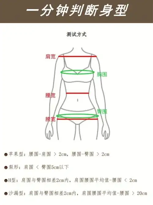 先测量出肩围,胸围,腰围,臀围对应如下9597苹果型:腰围-肩围 > 2