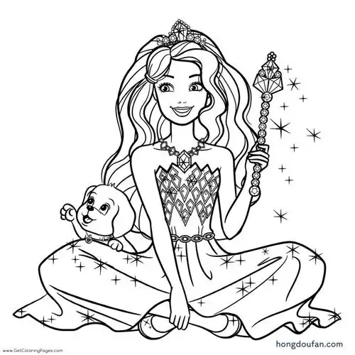 坐着的芭比娃娃公主和小狗涂色填色图片大全-红豆饭小学生简笔画大全