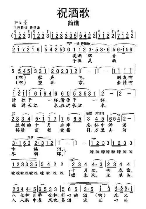 祝酒歌歌词简谱第1页