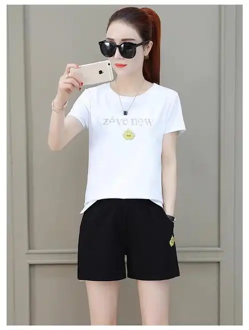 881#休闲运动套装女夏装新款女装韩版短袖短裤显瘦两件套 - 17网