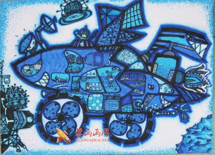二年级小学生优秀科幻画太空鲨鱼号