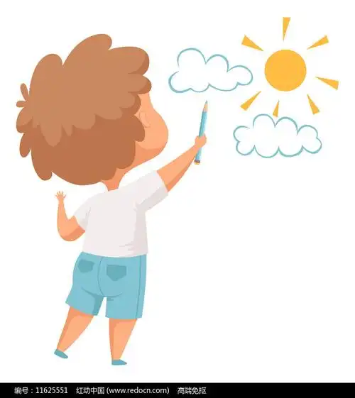手绘画白云太阳背影男孩