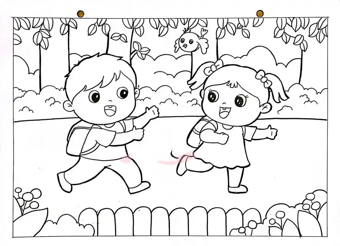简笔画儿童画 人物主题作品去上学,去春游 到底是去上学,放学