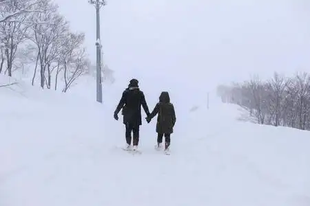 一对情侣手牵手在雪地上散步,日本/gala yuzawa照片