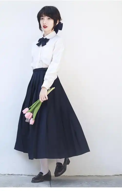 依伊纯樱花家族jk制服裙 不良少女长裙 绀色黑色显瘦学生百褶长裙春秋