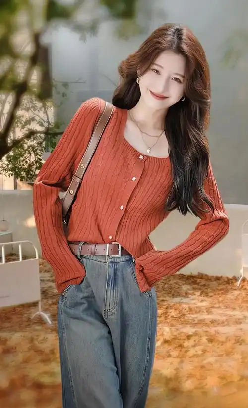 温暖而明媚的日子,总让人有点懒懒的惬意~砖红色针织上衣搭配复 - 抖