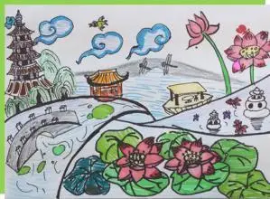 儿童画杭州西湖简笔画杭州西湖的大致景色简笔画颜色的风景雷峰塔儿童