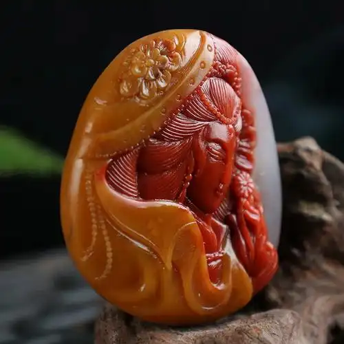 戈壁玛瑙雕刻古美人吊坠石梵臻宝手工雕刻收藏品天然沙漠漆