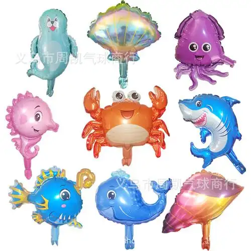 新款迷你海洋动物主题生日装饰气球鲨鱼海螺螃蟹鲸鱼装饰铝膜气球