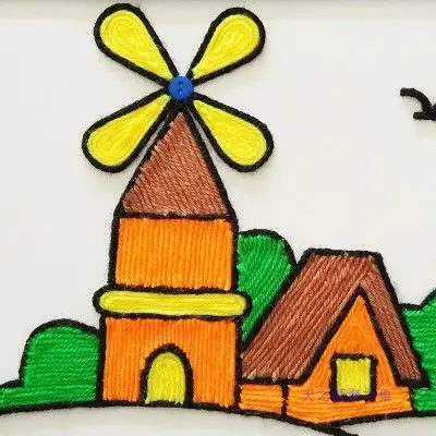 幼儿园手工课材料包毛线扣子粘贴画创意新奇diy玩具贴画 风车磨坊