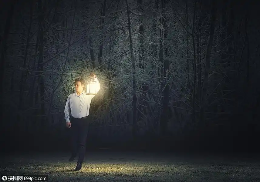 带灯笼的人轻英俊的商人黑暗中着灯笼散步