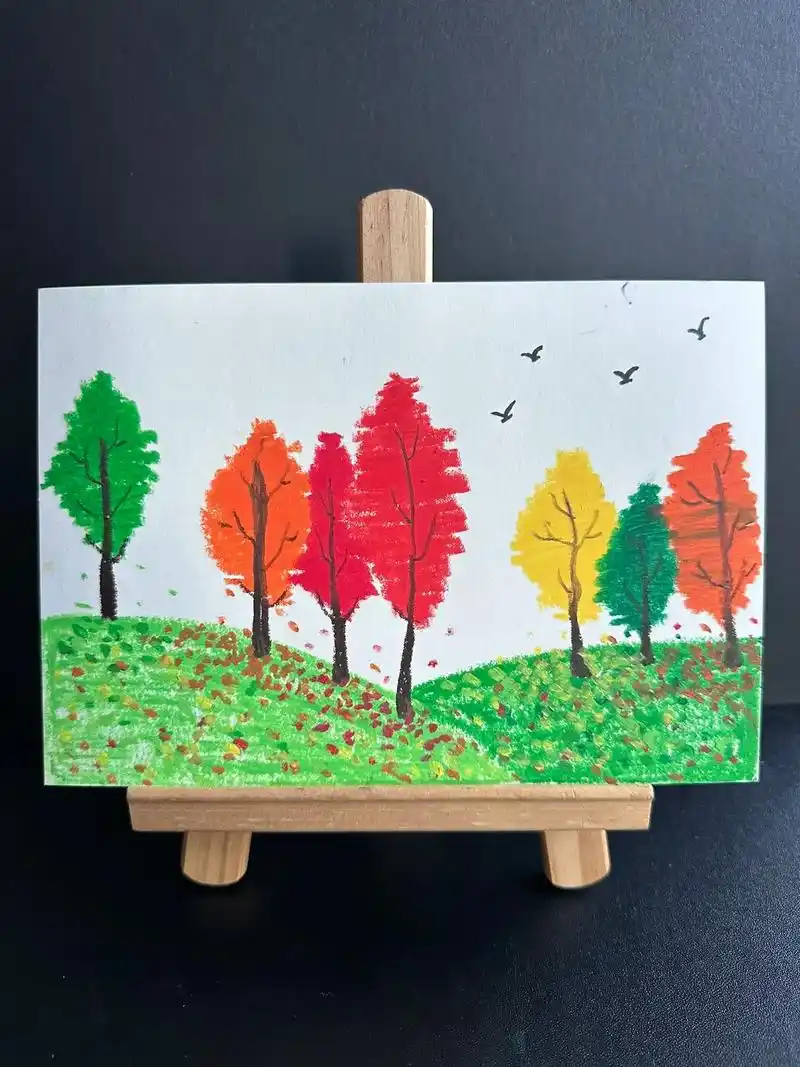 油画棒风景画——秋日美景.0基础油画棒创意画,简单又好学～# - 抖音