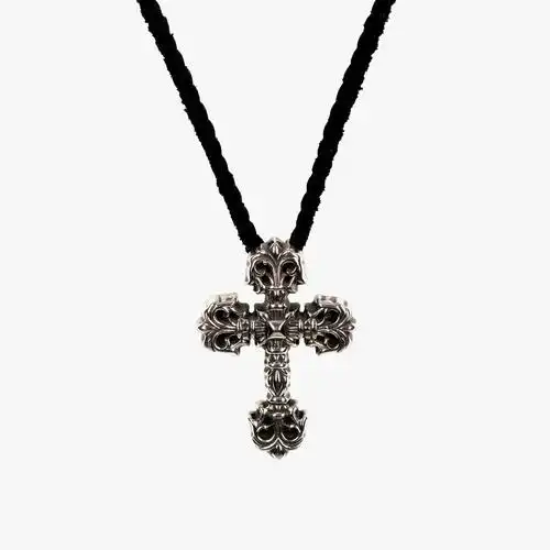 chrome hearts ㊣宗克罗心 中号火焰十字架皮绳项链(整套)