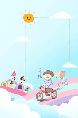 手绘卡通儿童可爱男孩骑单车六一儿童节蓝色背景海报