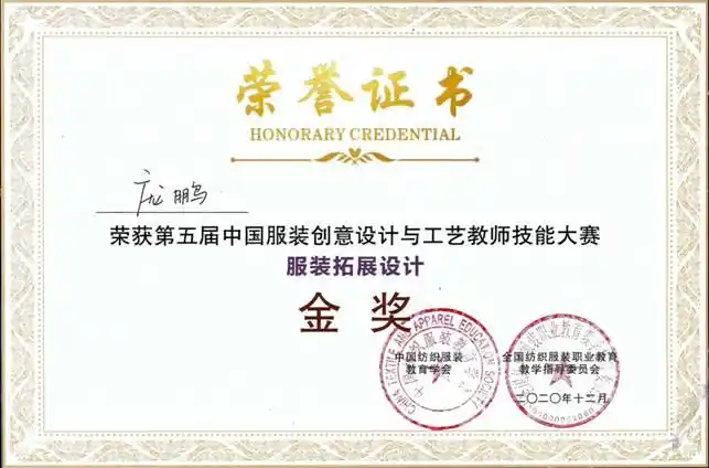 庞鹏服装拓展设计赛项金奖证书