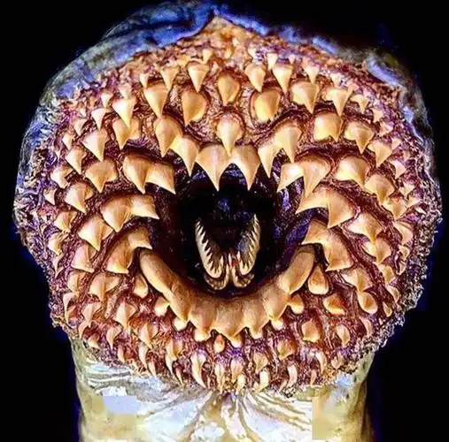 七鳃鳗圆盘型口器上密密麻麻分布的利齿,看着恐怖,但是其实真正吸食