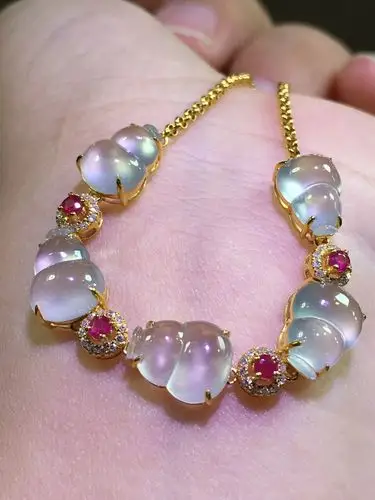 18k金镶玉葫芦手串精品小玉石镶嵌手链翡翠蛋面裸石玉链子设计款