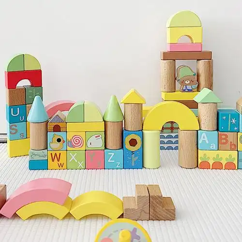 100p120pcs多彩积木小宝宝城堡搭建木质幼儿园男女孩木制拼搭玩具