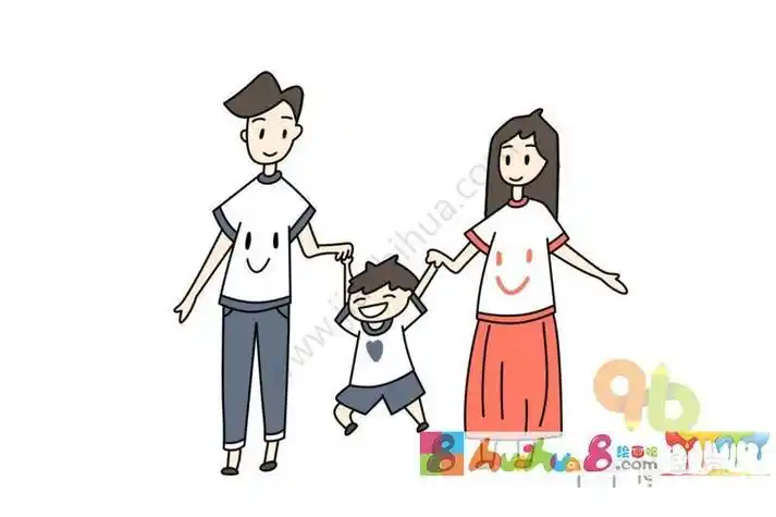 过年带有男孩的三口之家的简笔画片