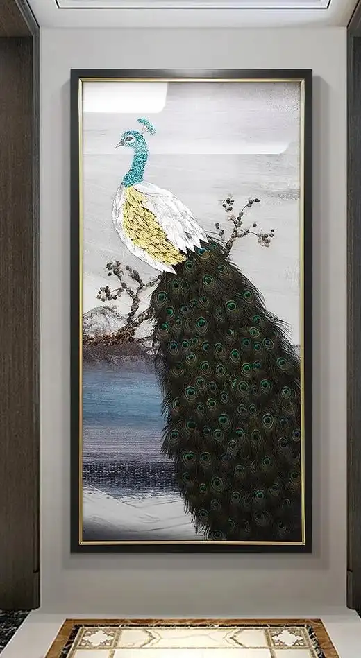 孔雀玄关装饰画竖版真实孔雀羽毛挂画实物立体画过道背景墙壁画, - 抖