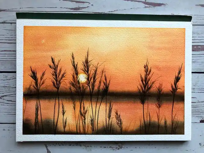 水彩风景教程湖边的芦苇