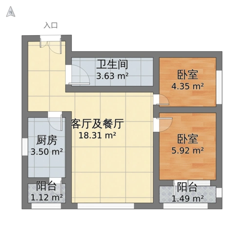 北纬40度东区2室2厅1卫 50m05-v2户型图 - 小区户型图 -躺平设计家