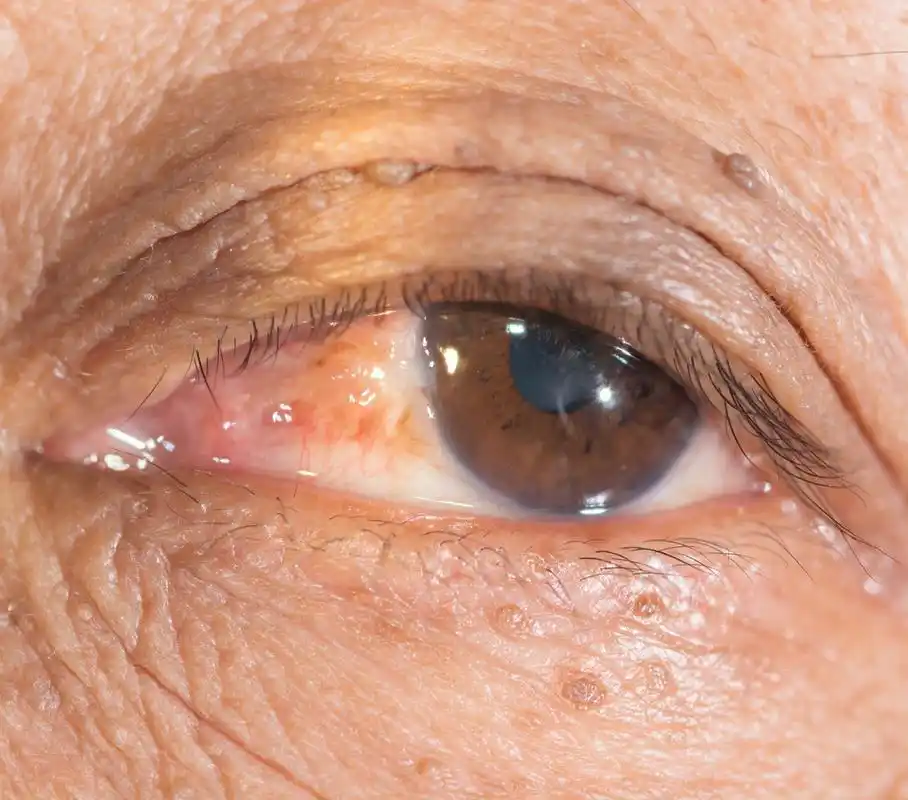 眼睛检查.,翼状胬肉在眼科检查过程中关闭.