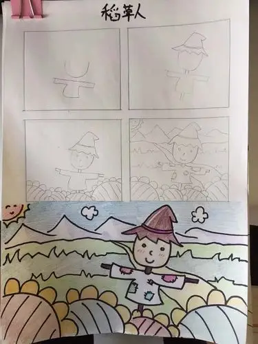 张老师绘制田野里的稻草人,每周四张老师会在亲子群里播讲绘画技巧.