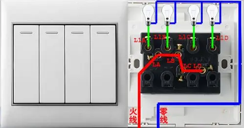 四丁开关分二个面板一个插座为一个面板,三个面板一排安装该如何接线