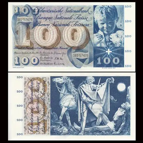 全新unc 瑞士100法郎 精美雕刻版大票幅 1963年 p-49e(大图展示)