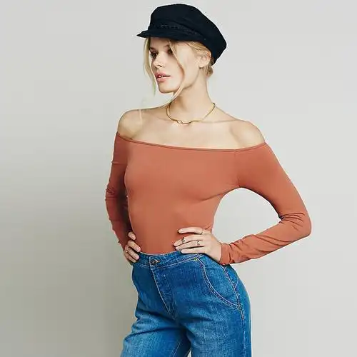 haoduoyi2015秋冬新款 欧美性感一字领露肩打底衫 百搭修身t恤女