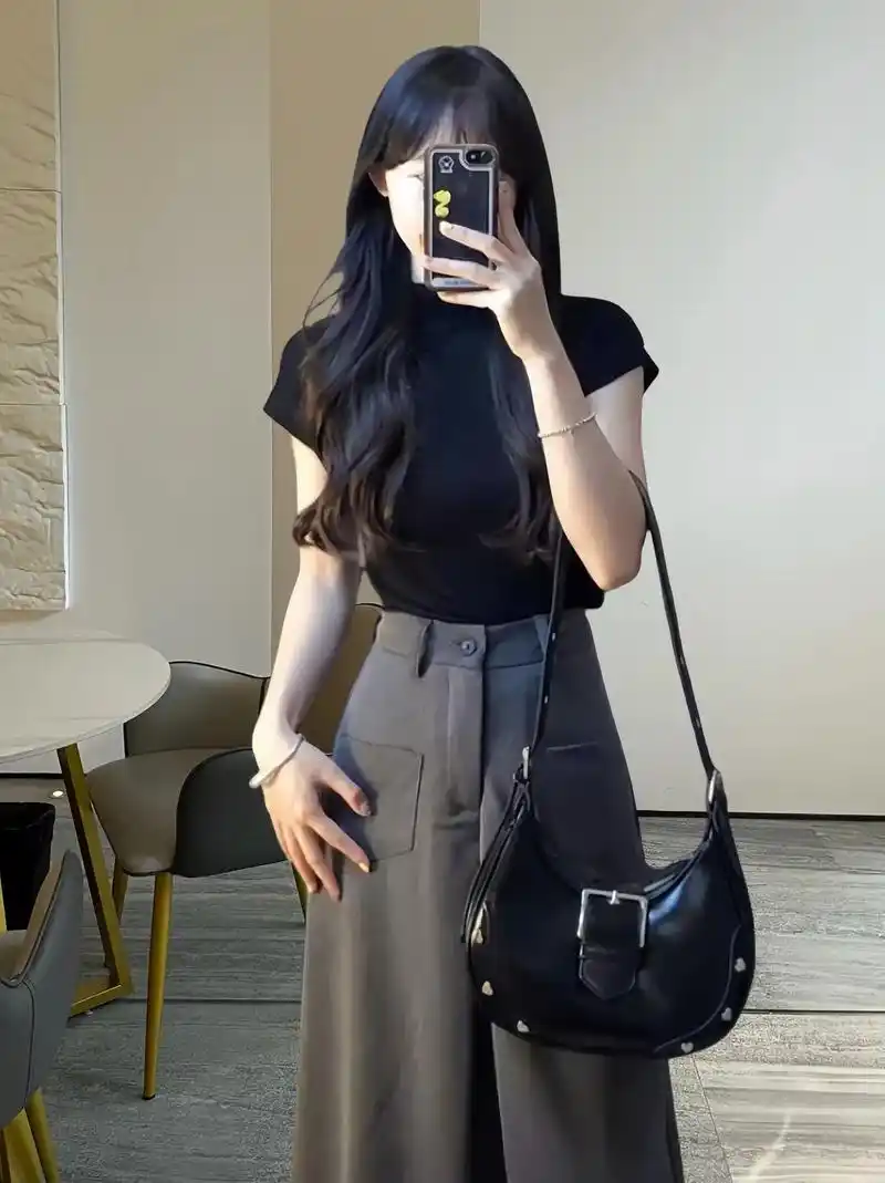 夏季新款小个子盐系轻熟穿搭套装女茶系显瘦网红炸街阔腿裤两件套