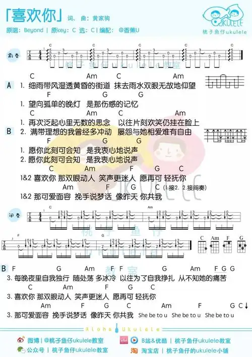 喜欢你尤克里里谱弹唱版c调附前奏桃子鱼仔香蕉u编配beyond