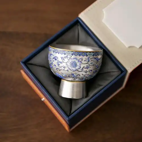 银杯子999纯银主人茶盏大号单个 鎏银功夫茶具青花品茗杯高档送礼